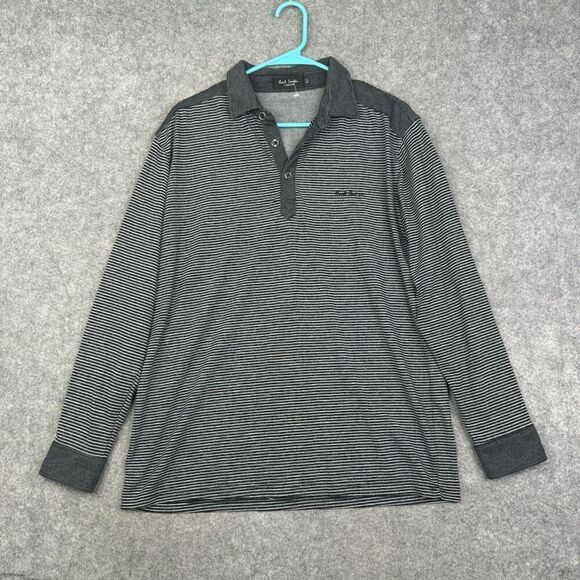 Paul Smith Mens Grey Long Sleeve Polo Shirt Stripe AOP Size 52 - Picture 1 of 8
